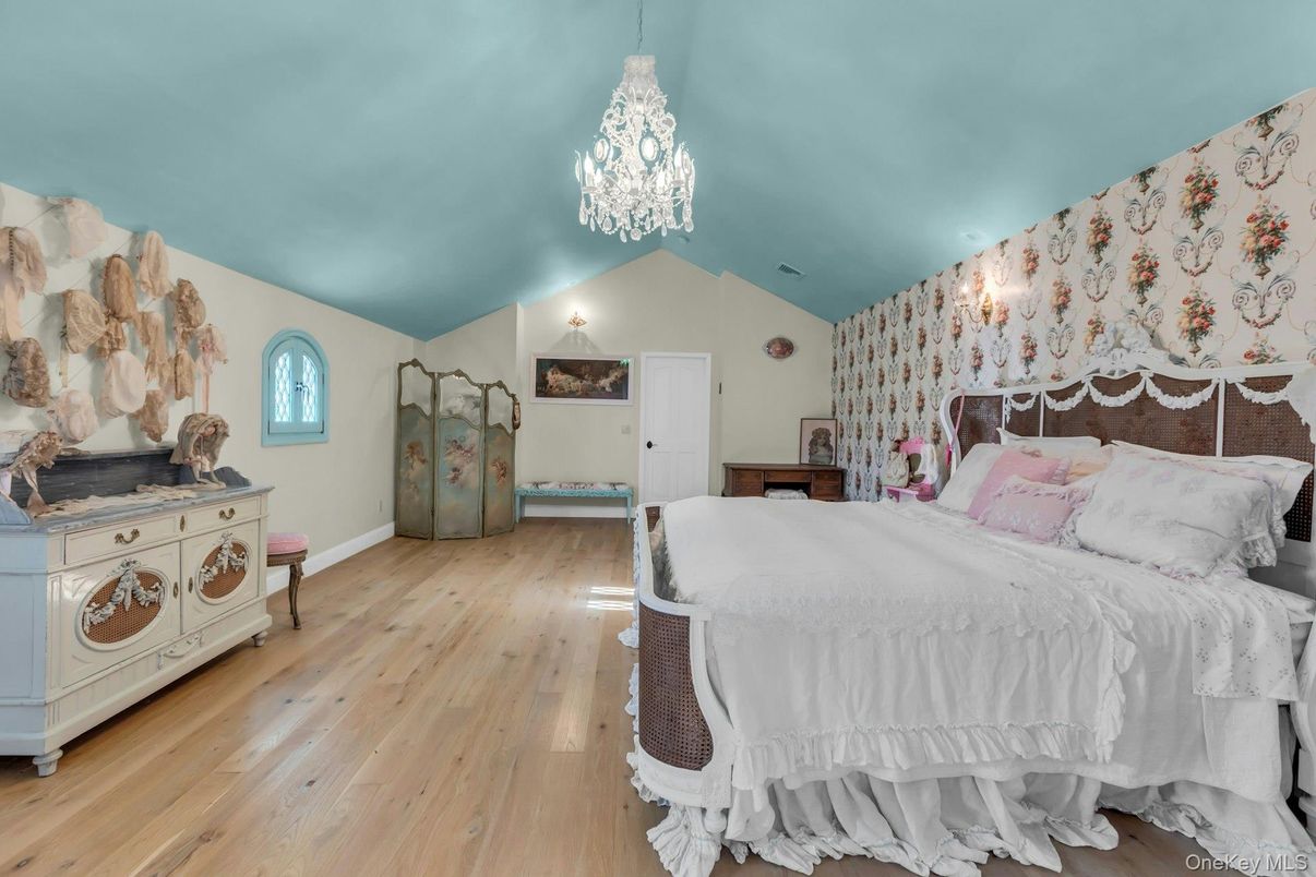 Bedroom, Chandelier, Interior, Wood Texture Flooring