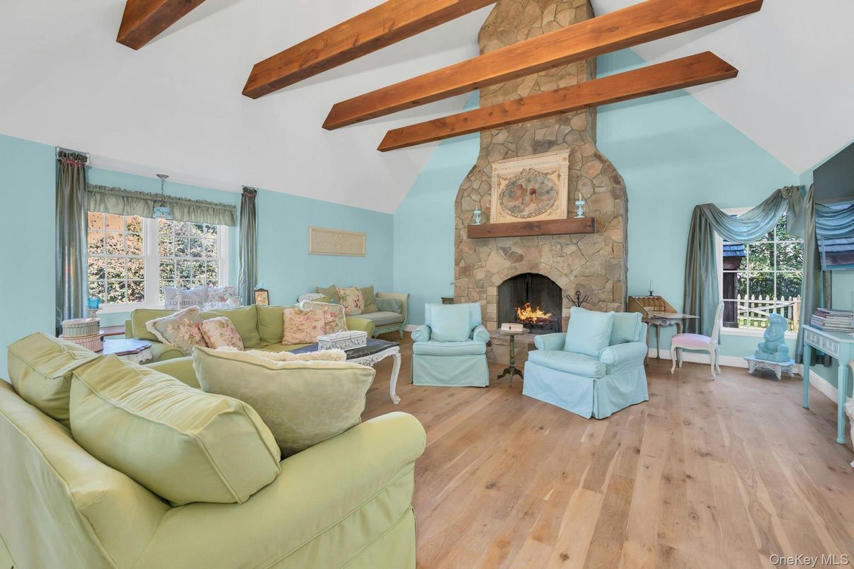 Fireplace, Interior, Living room, Stone Walls, Wooden Beams, Wood Texture Flooring