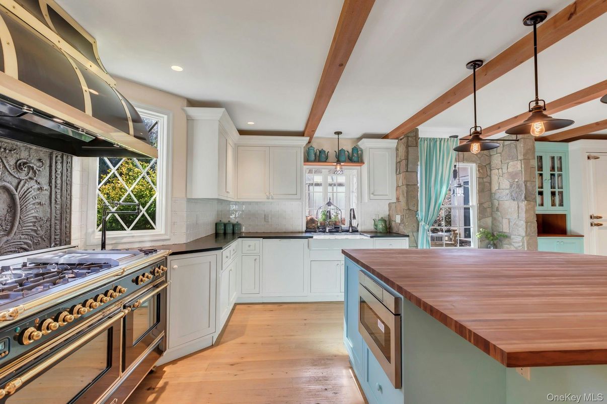 Interior, Kitchen, Pendant Lights, Recessed Lighting, Stainless Steel Appliances, Wooden Beams, Wood Texture Flooring