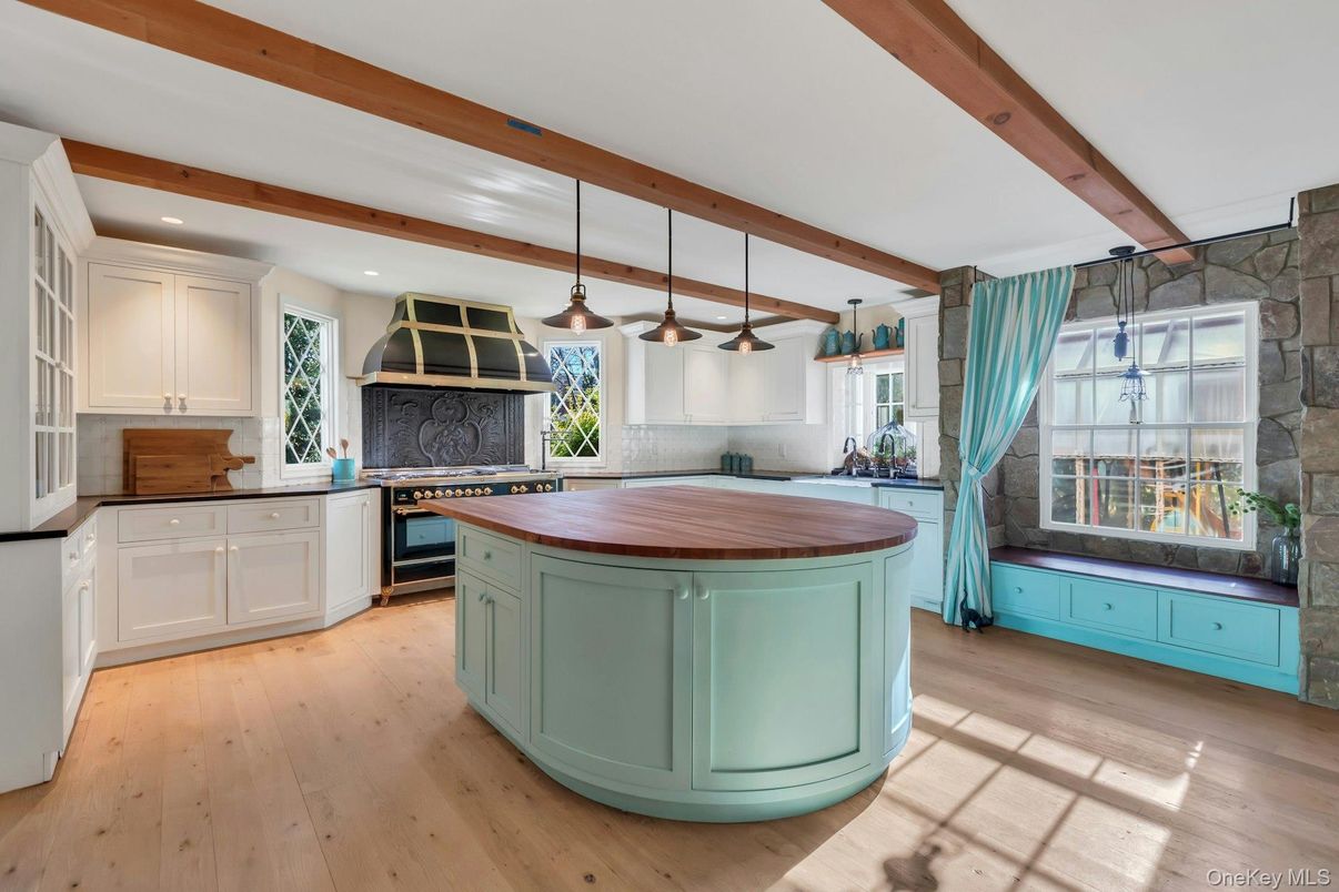 Interior, Kitchen, Pendant Lights, Recessed Lighting, Stone Walls, Wooden Beams, Wood Texture Flooring