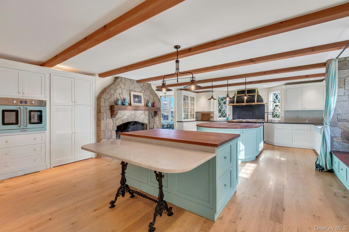 Fireplace, Interior, Kitchen, Pendant Lights, Stone Walls, Wooden Beams, Wood Texture Flooring