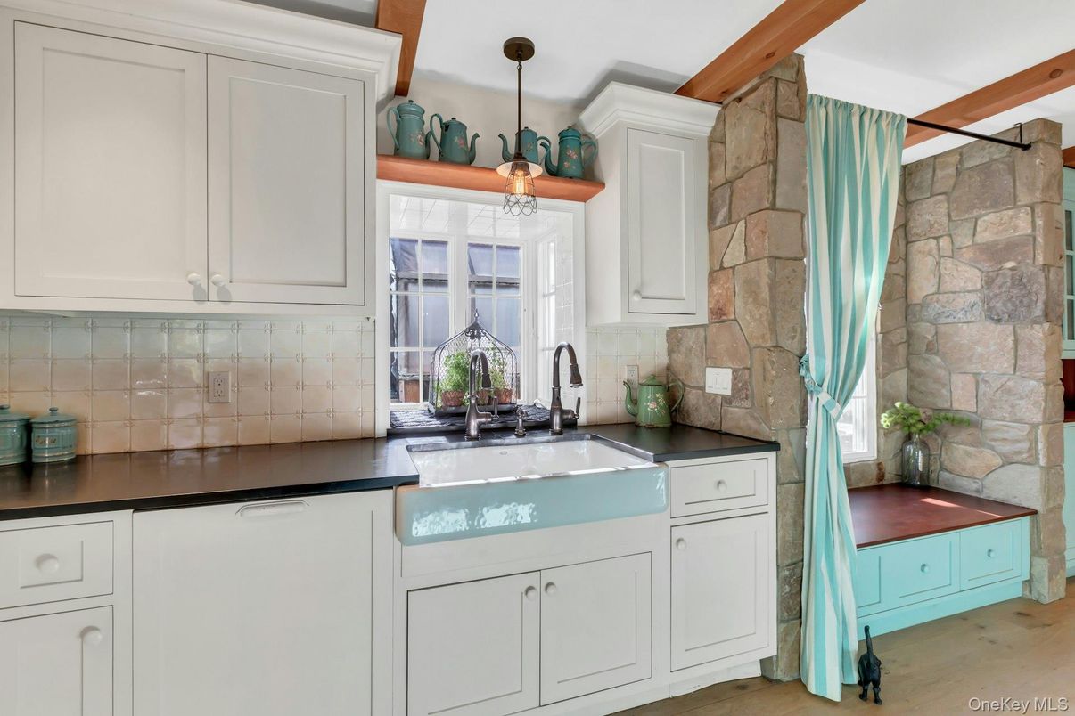 Interior, Kitchen, Pendant Lights, Stone Walls, Wooden Beams