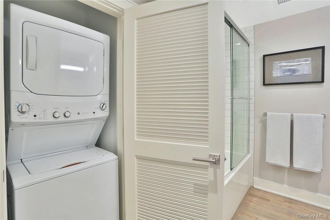 Bathroom, Glass Shower, Interior, Utility Closets, Washer, Wood Texture Flooring