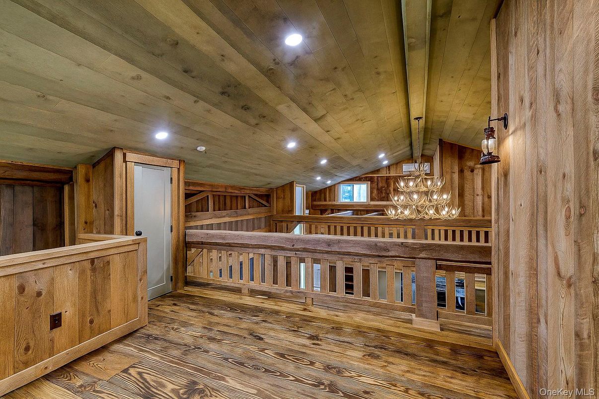 Chandelier, Empty room, Interior, Recessed Lighting, Wooden Ceilings, Wood Texture Flooring, Wooden Walls