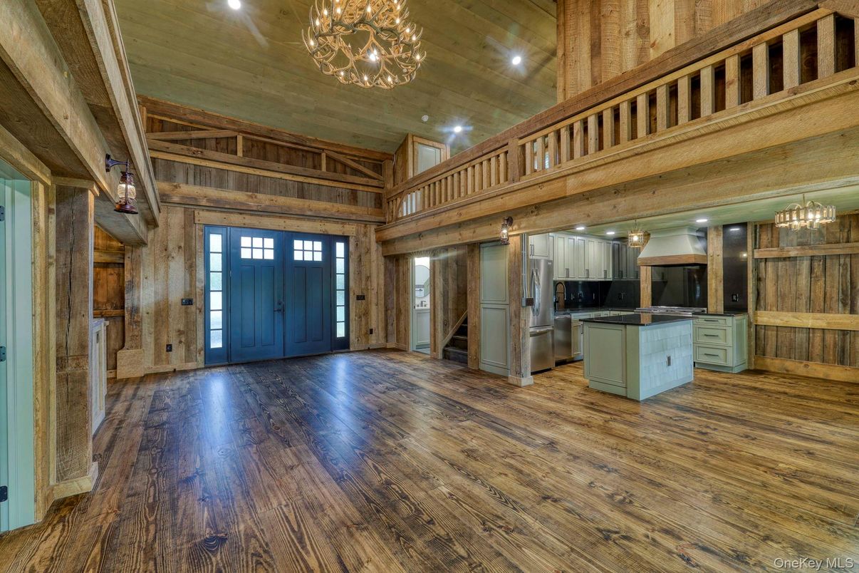 Chandelier, Interior, Kitchen, Recessed Lighting, Wooden Beams, Wooden Ceilings, Wood Texture Flooring, Wooden Walls