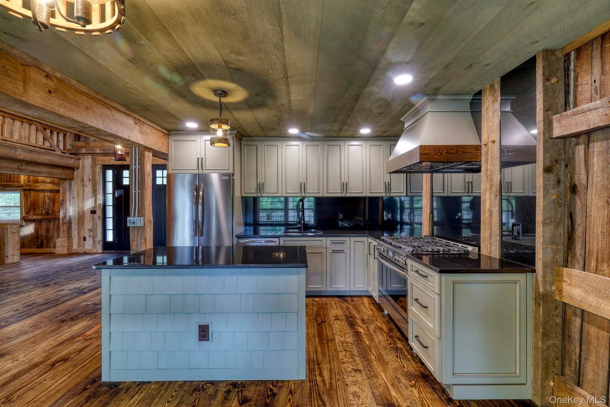 Interior, Kitchen, Pendant Lights, Recessed Lighting, Stainless Steel Appliances, Wooden Ceilings, Wood Texture Flooring