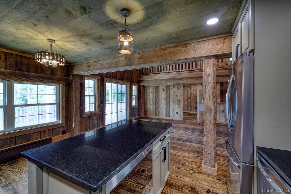 Chandelier, Interior, Kitchen, Recessed Lighting, Wood Texture Flooring, Wooden Walls