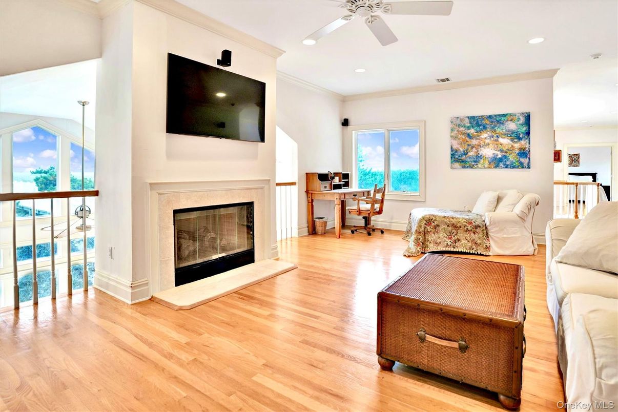 Fireplace, Home Office, Interior, Recessed Lighting, Wood Texture Flooring