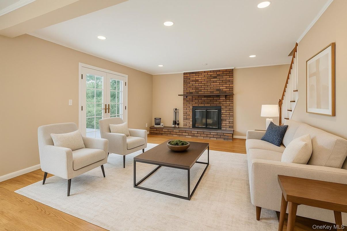 Fireplace, Interior, Living room, Recessed Lighting, Stone Walls, Wood Texture Flooring