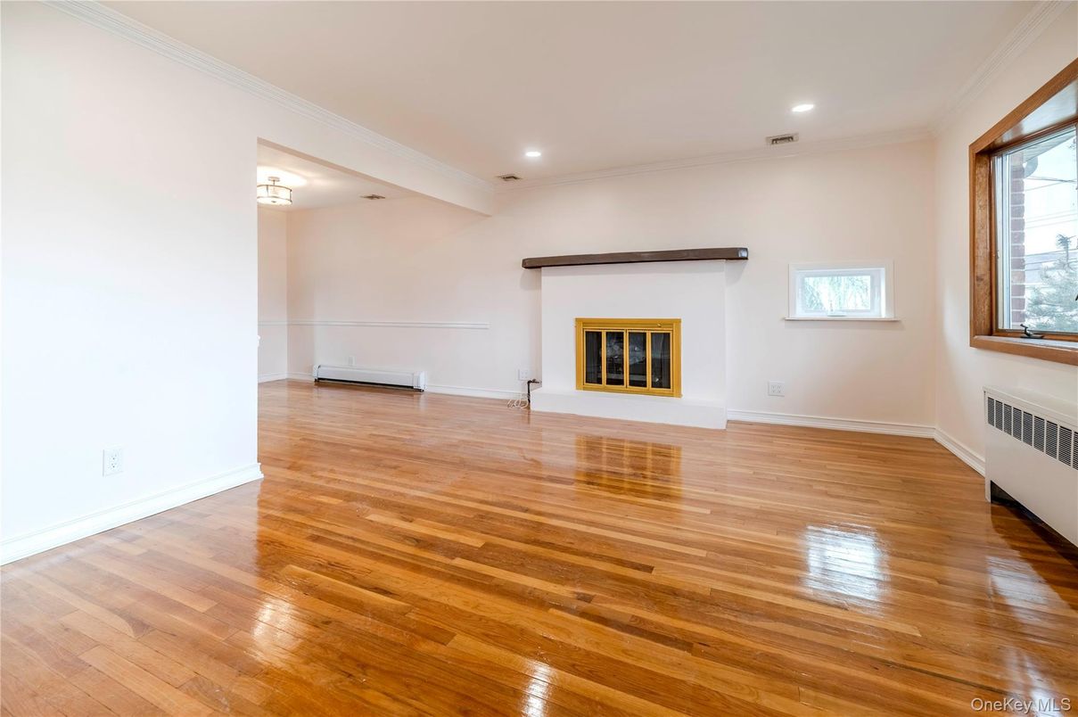 Empty room, Fireplace, Interior, Recessed Lighting, Wood Texture Flooring