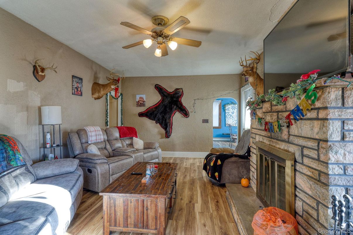 Fireplace, Interior, Living room, Stone Walls, Wood Texture Flooring