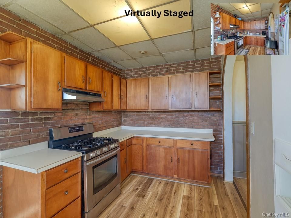 Interior, Kitchen, Stainless Steel Appliances, Stone Walls, Wood Texture Flooring