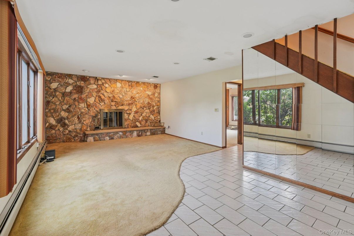 Empty room, Fireplace, Interior, Recessed Lighting, Stone Walls