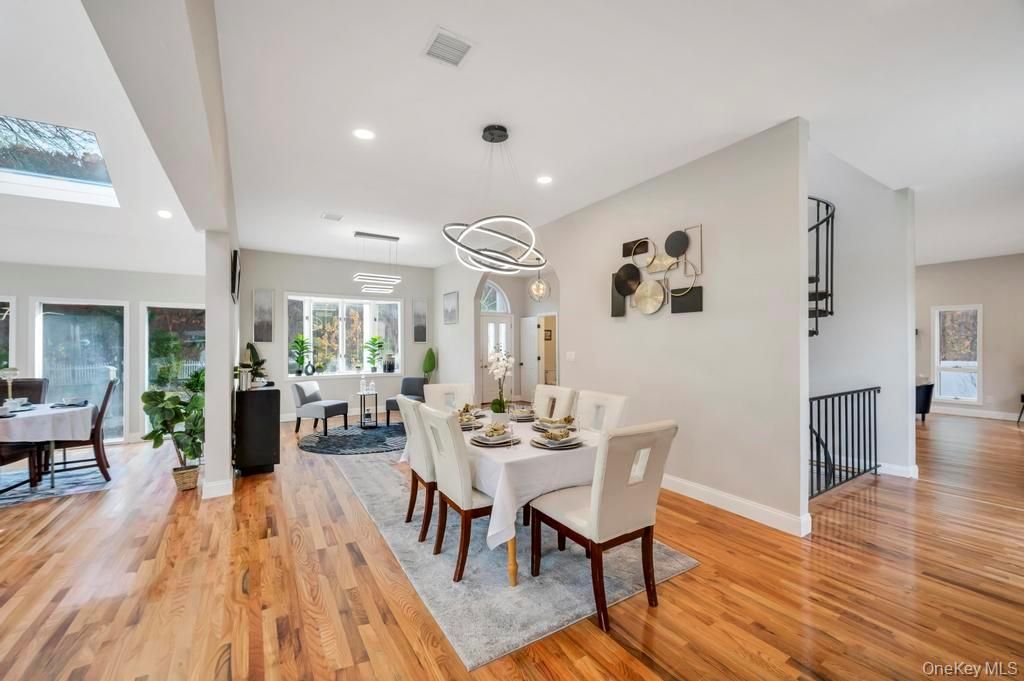Dining room, Interior, Pendant Lights, Recessed Lighting, Wood Texture Flooring