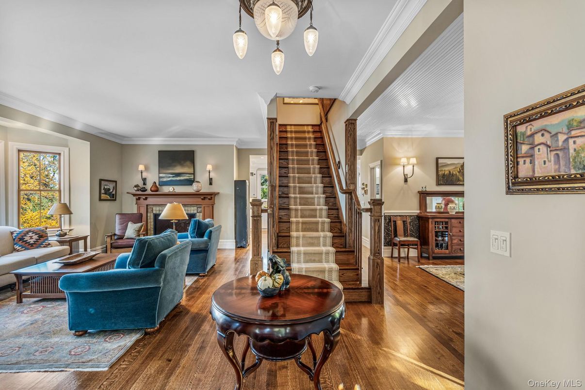 Fireplace, Interior, Living room, Pendant Lights, Wood Texture Flooring