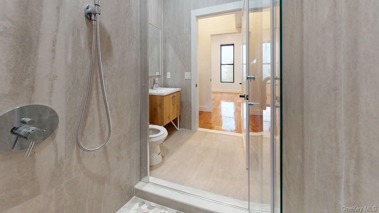 Bathroom, Glass Shower, Interior, Wood Texture Flooring
