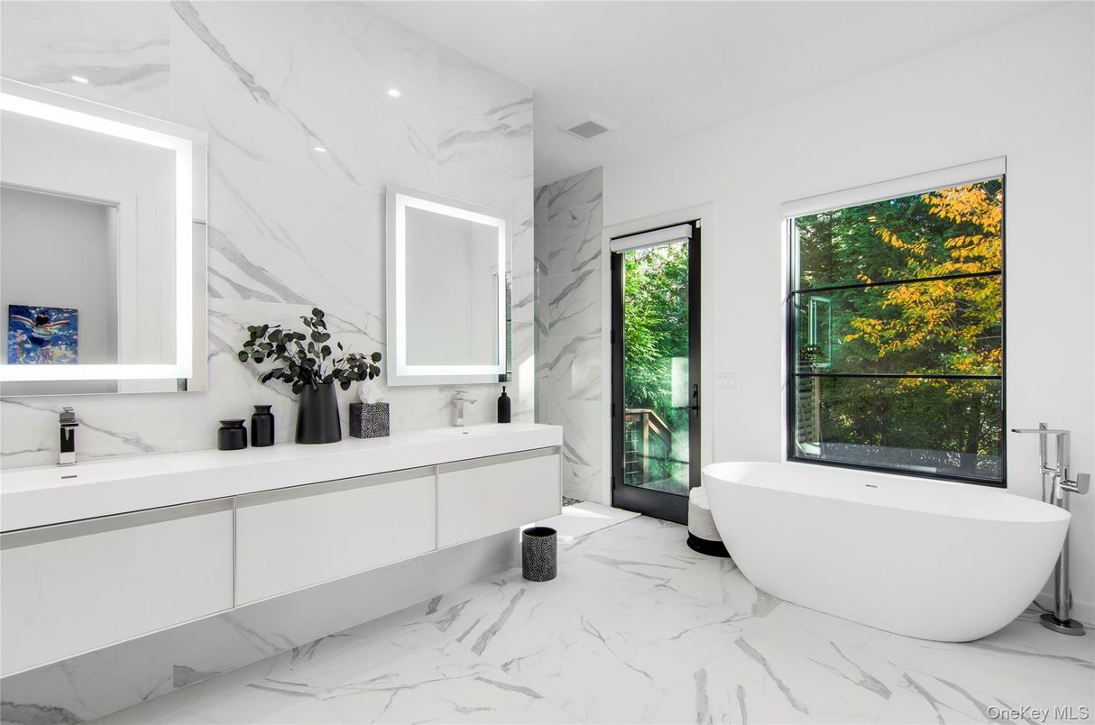 Bathroom, Dual Sink Vanities, Free Standing Baths, Interior, Marble, Marble Walls, Recessed Lighting