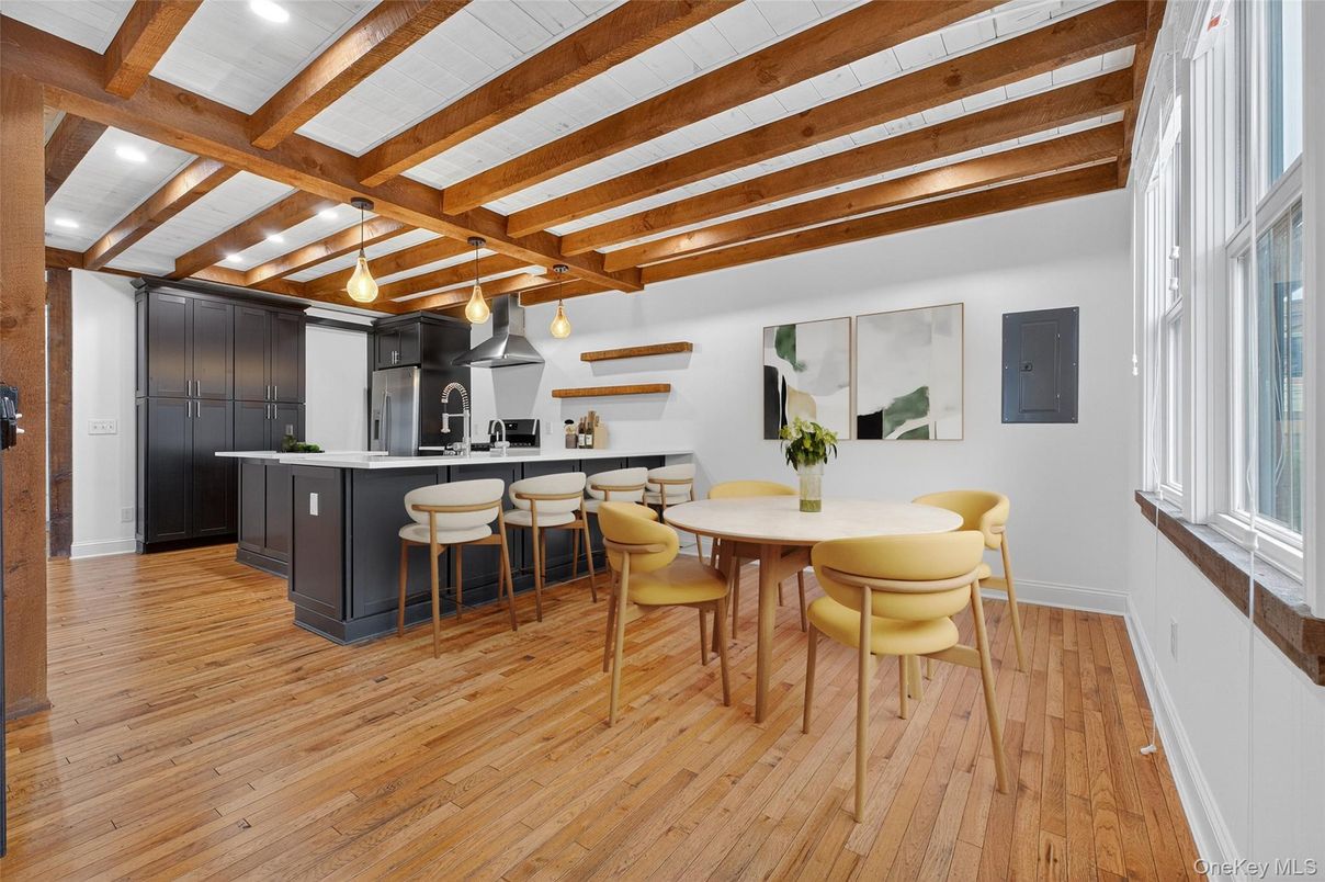 Dining room, Interior, Kitchen, Pendant Lights, Recessed Lighting, Wooden Beams, Wood Texture Flooring