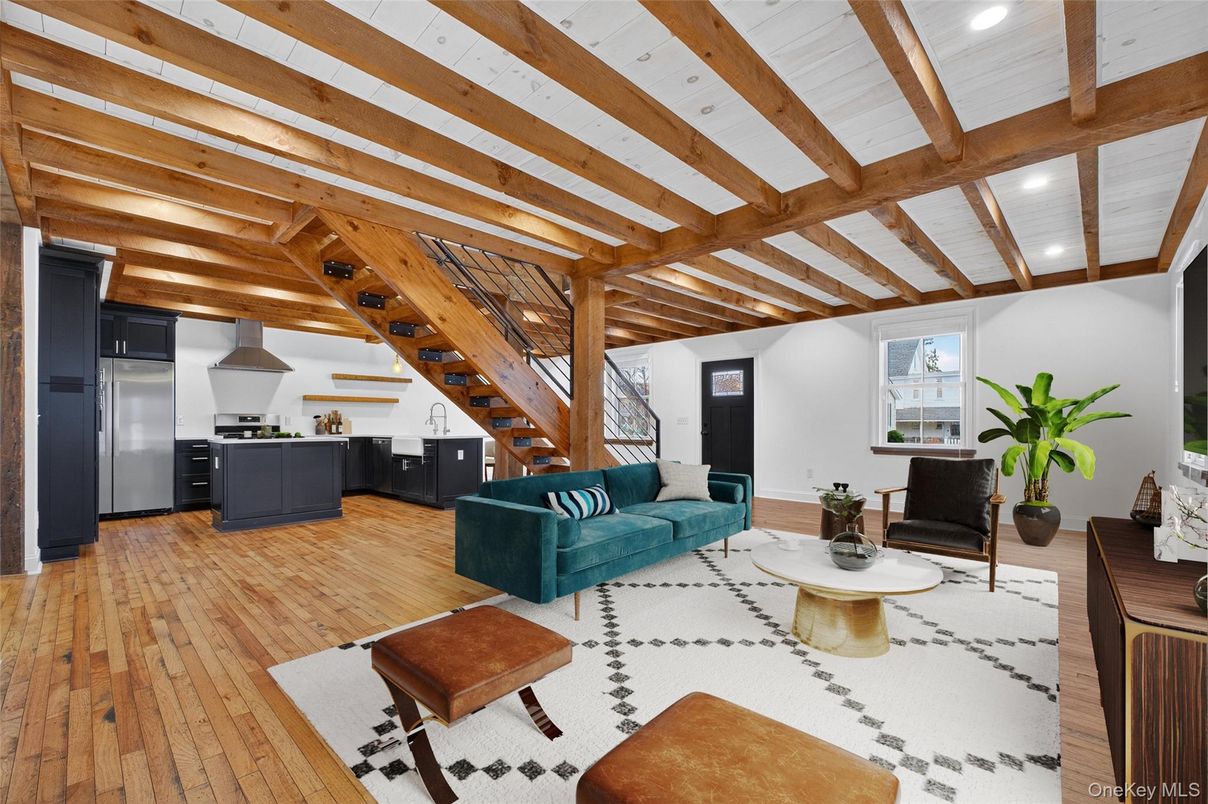 Interior, Kitchen, Living room, Recessed Lighting, Stainless Steel Appliances, Wooden Beams, Wood Texture Flooring