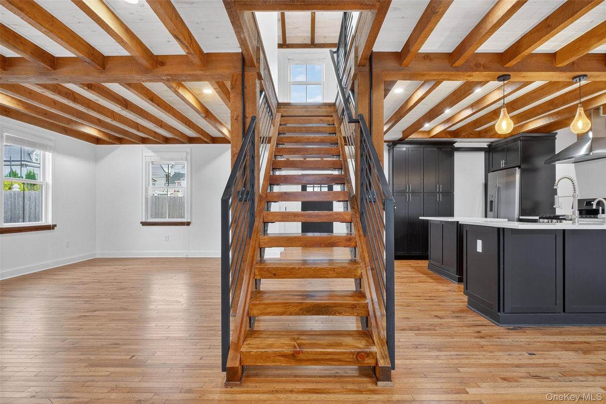 Interior, Kitchen, Pendant Lights, Stainless Steel Appliances, Wooden Beams, Wood Texture Flooring