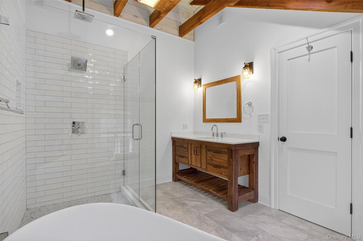 Bathroom, Glass Shower, Interior, Marble, Wooden Beams