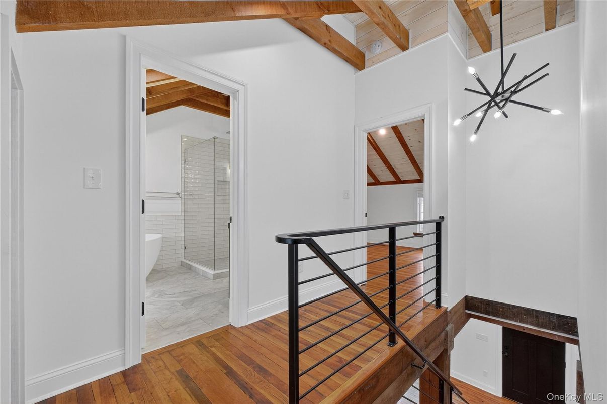 Bathroom, Glass Shower, Interior, Marble, Pendant Lights, Wooden Beams, Wood Texture Flooring