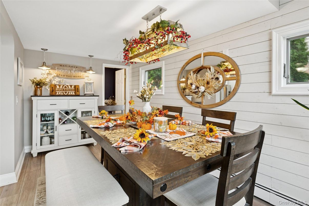 Dining room, Interior, Pendant Lights, Wood Texture Flooring