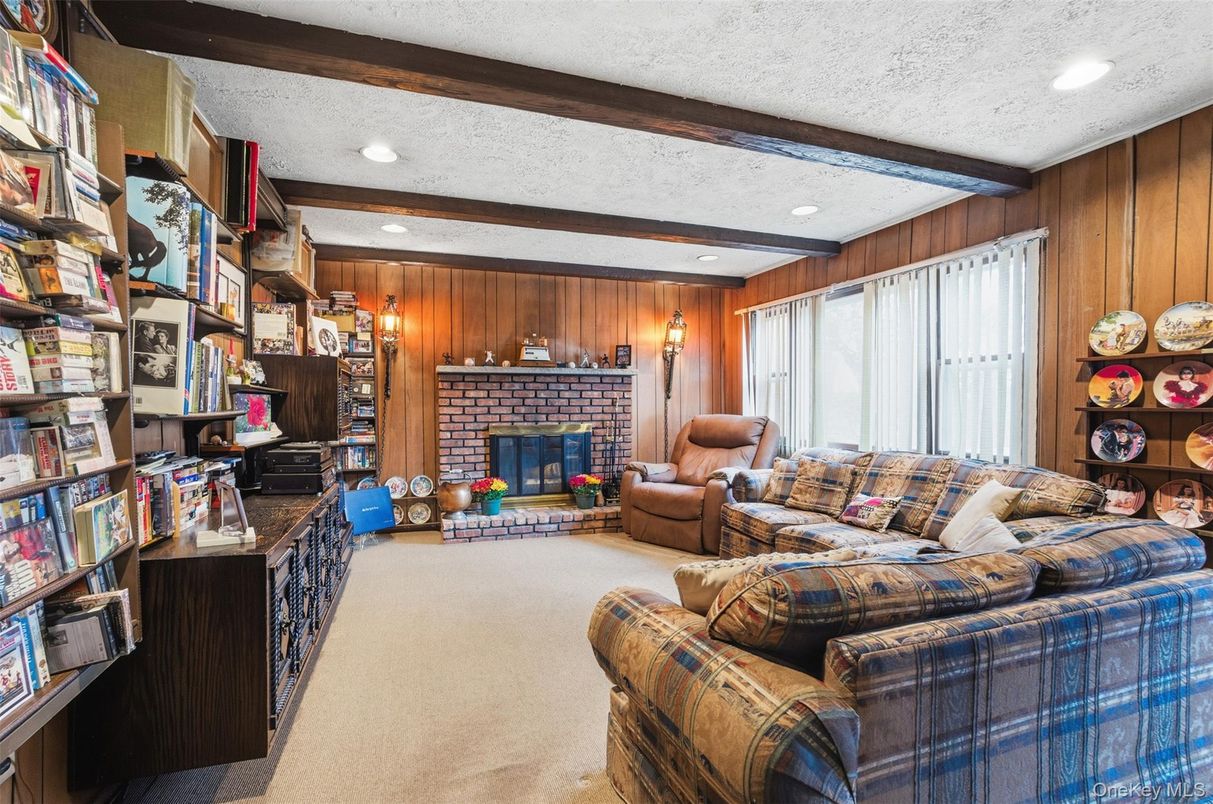 Fireplace, Interior, Living room, Recessed Lighting, Stone Walls, Wooden Beams, Wooden Walls