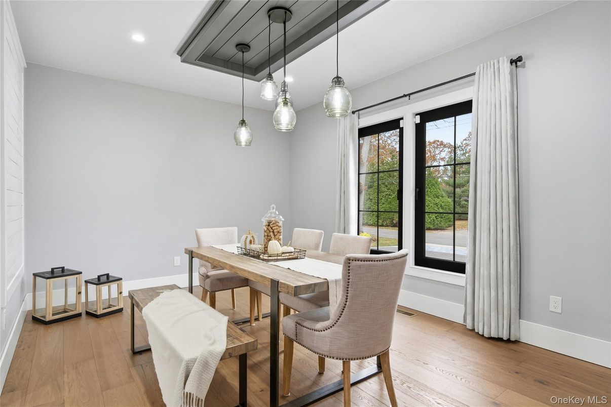 Dining room, Interior, Pendant Lights, Recessed Lighting, Wood Texture Flooring