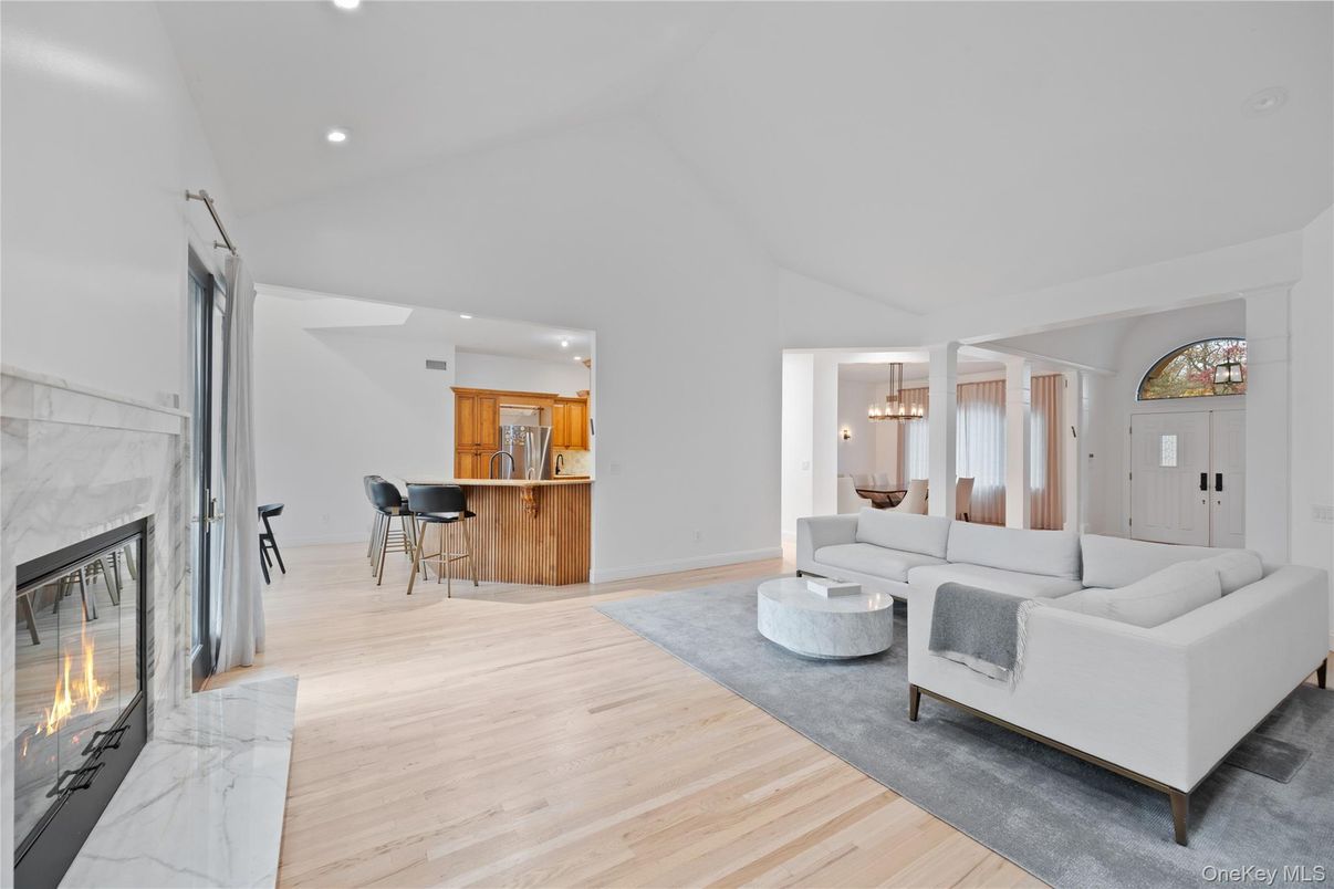 Fireplace, Interior, Kitchen, Living room, Pendant Lights, Recessed Lighting, Wood Texture Flooring