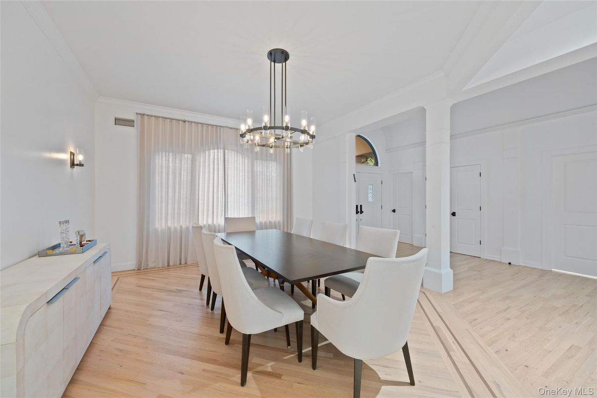 Dining room, Interior, Pendant Lights, Wood Texture Flooring