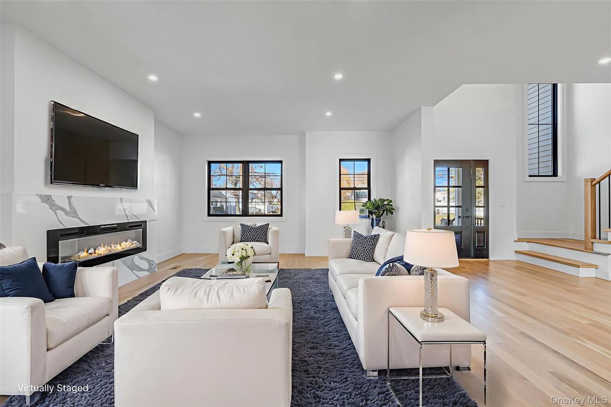 Fireplace, Interior, Living room, Recessed Lighting, Wood Texture Flooring