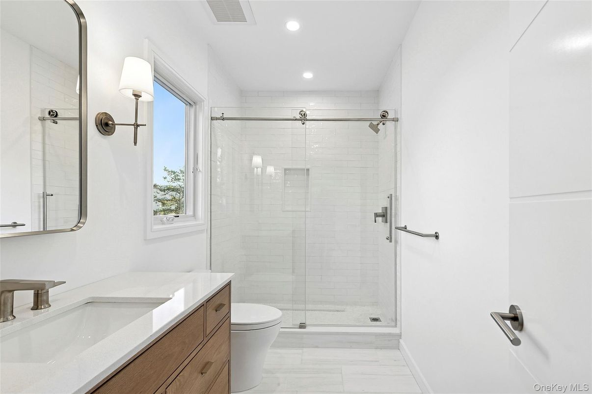 Bathroom, Glass Shower, Interior, Marble, Recessed Lighting