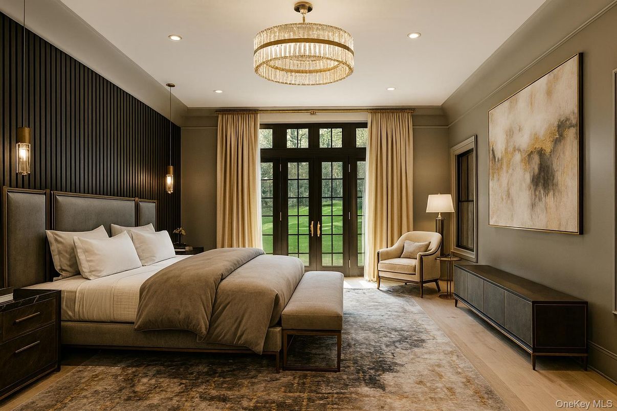 Bedroom, Chandelier, Interior, Pendant Lights, Recessed Lighting, Wood Texture Flooring