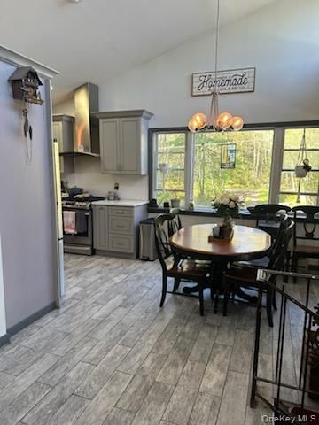 Dining room, Interior, Kitchen, Pendant Lights, Wood Texture Flooring