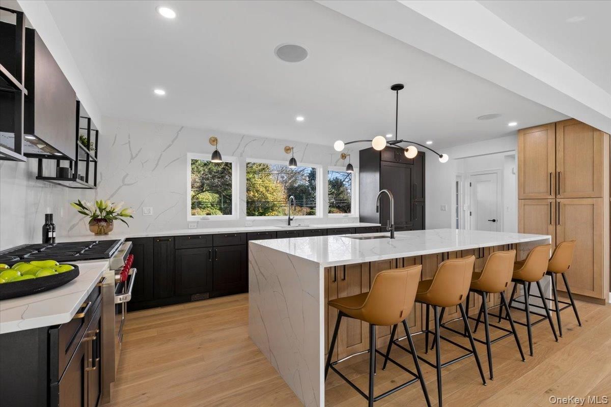 Interior, Kitchen, Marble Walls, Pendant Lights, Recessed Lighting, Wood Texture Flooring