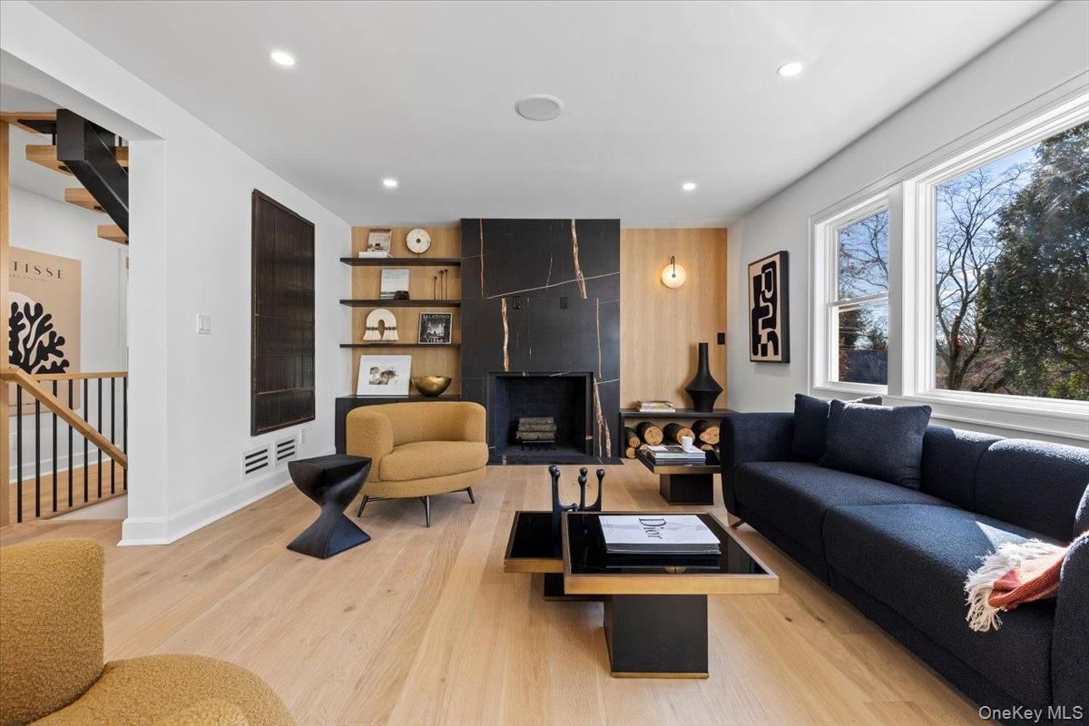 Fireplace, Interior, Living room, Recessed Lighting, Wood Texture Flooring