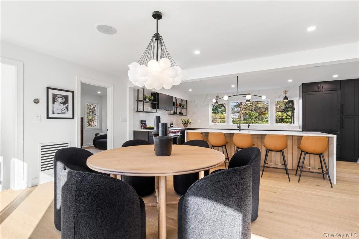 Dining room, Interior, Pendant Lights, Recessed Lighting, Wood Texture Flooring