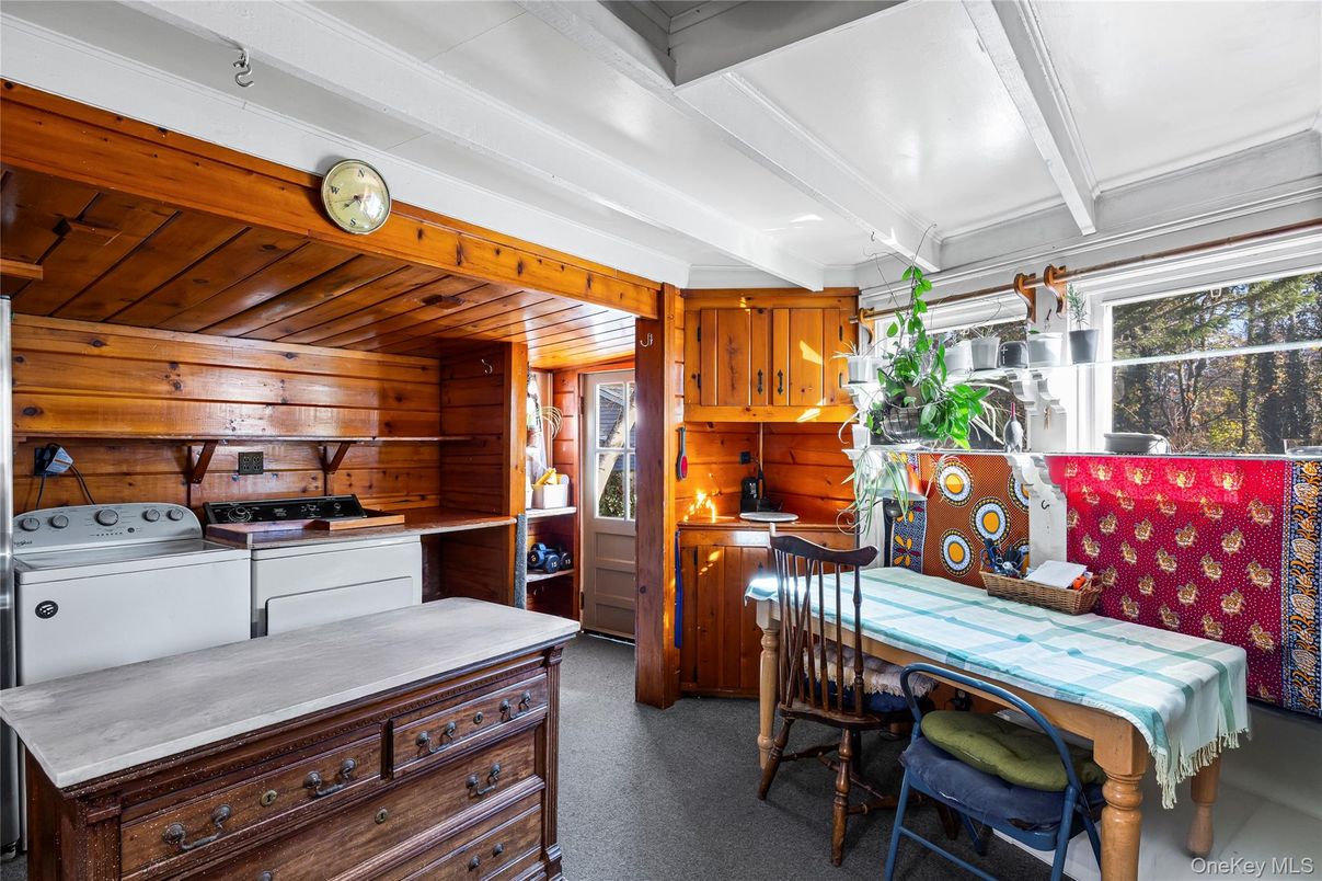 Interior, Kitchen, Tile Countertops, Washer, Wooden Ceilings, Wooden Walls
