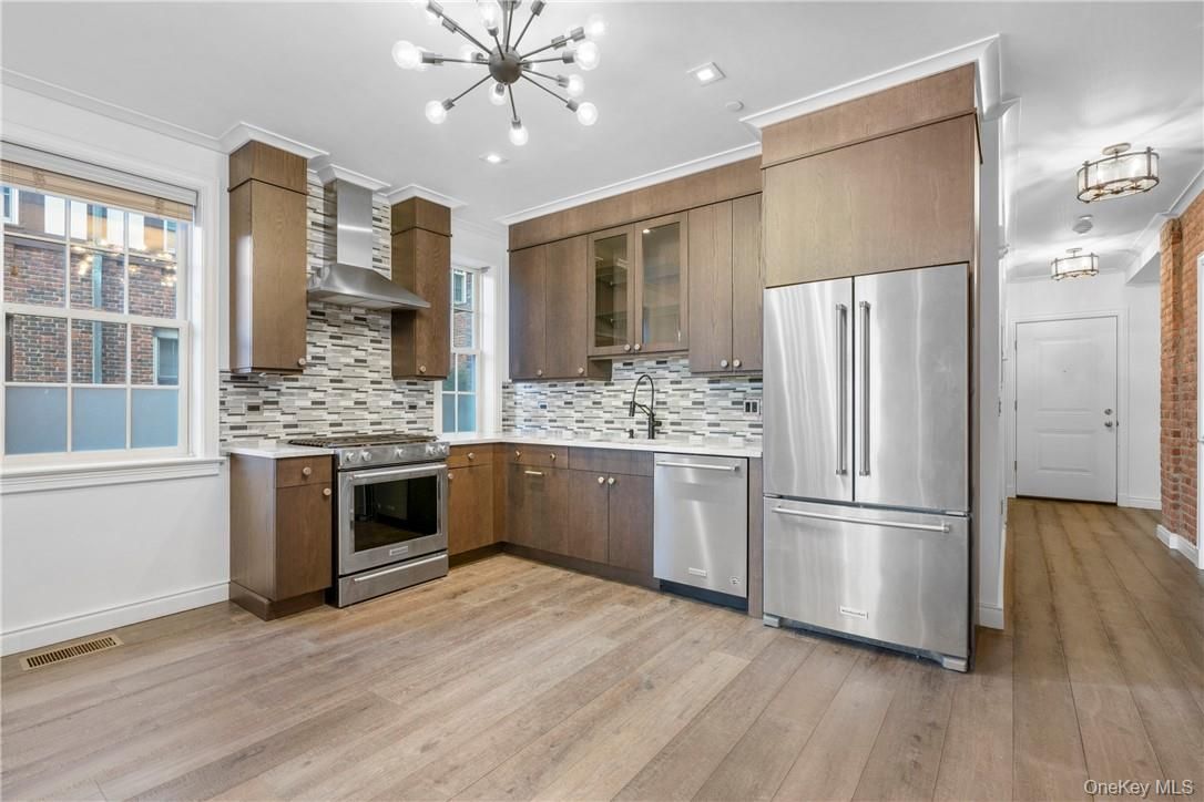 Interior, Kitchen, Pendant Lights, Stainless Steel Appliances, Wood Texture Flooring