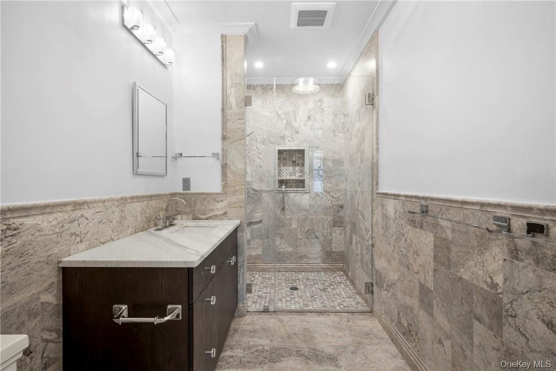 Bathroom, Glass Shower, Interior, Marble Walls, Recessed Lighting