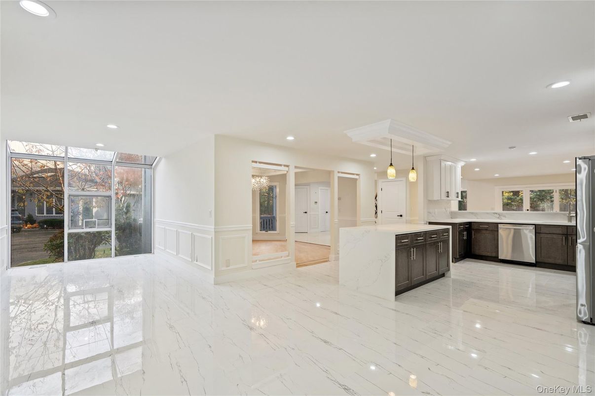 Interior, Kitchen, Marble, Pendant Lights, Recessed Lighting, Stainless Steel Appliances