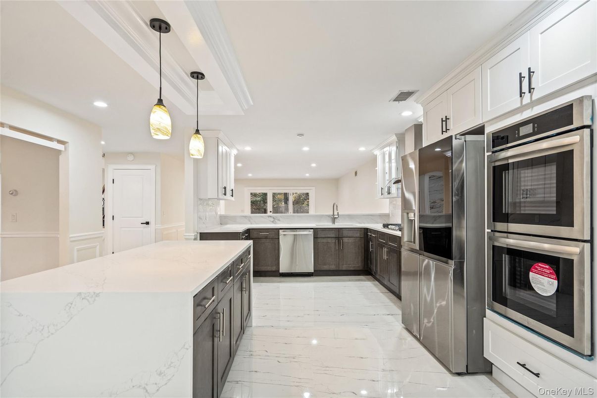 Interior, Kitchen, Marble, Pendant Lights, Recessed Lighting, Stainless Steel Appliances