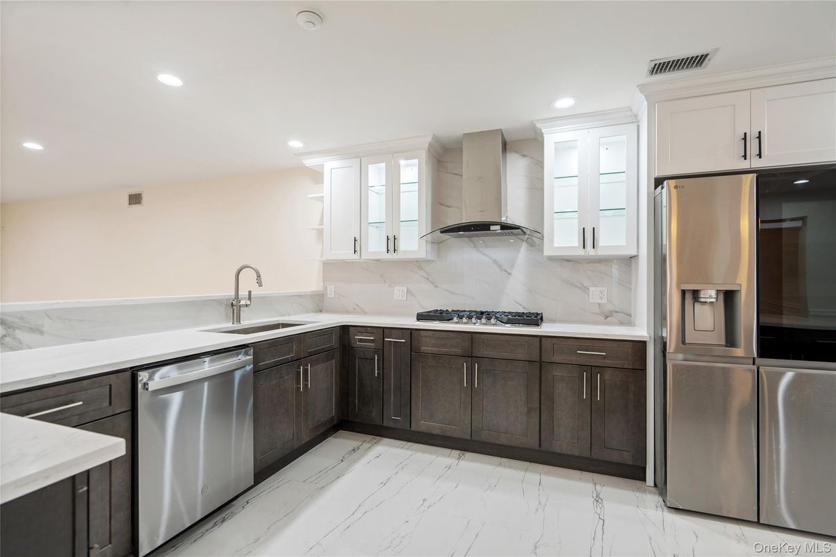 Interior, Kitchen, Marble, Marble Walls, Recessed Lighting, Stainless Steel Appliances