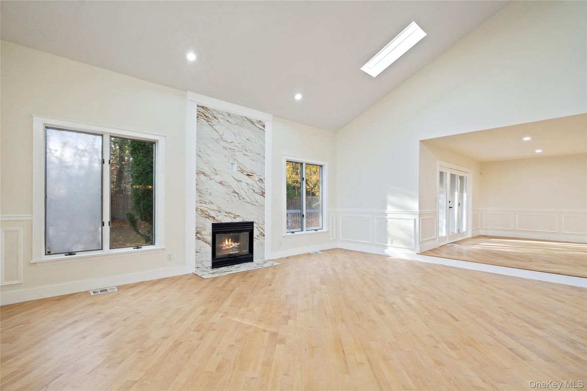 Empty room, Fireplace, Interior, Recessed Lighting, Wood Texture Flooring