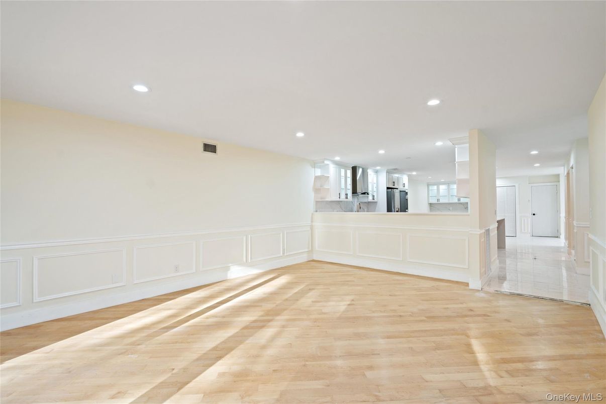 Empty room, Interior, Kitchen, Recessed Lighting, Wood Texture Flooring