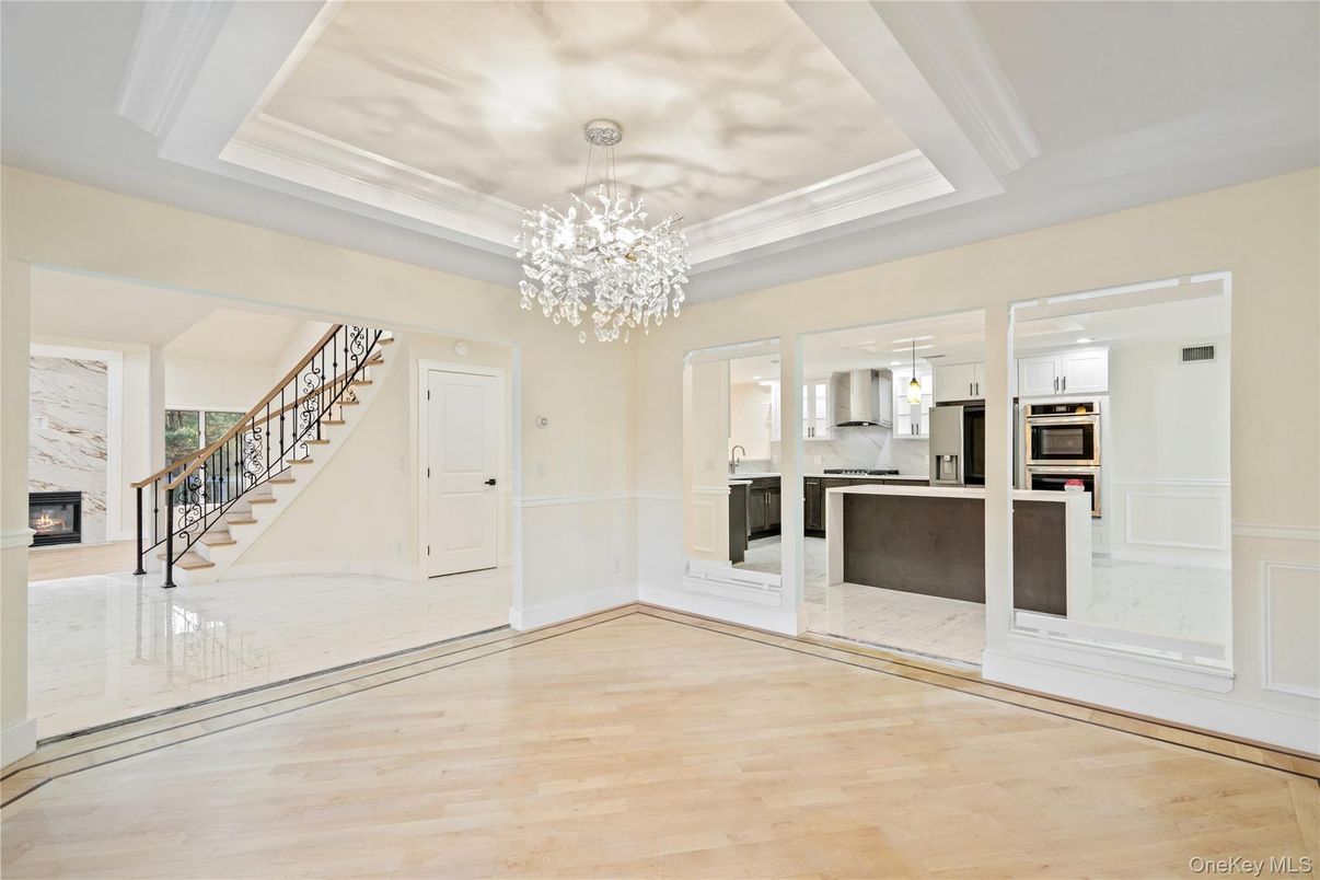 Chandelier, Interior, Kitchen, Stainless Steel Appliances, Wood Texture Flooring