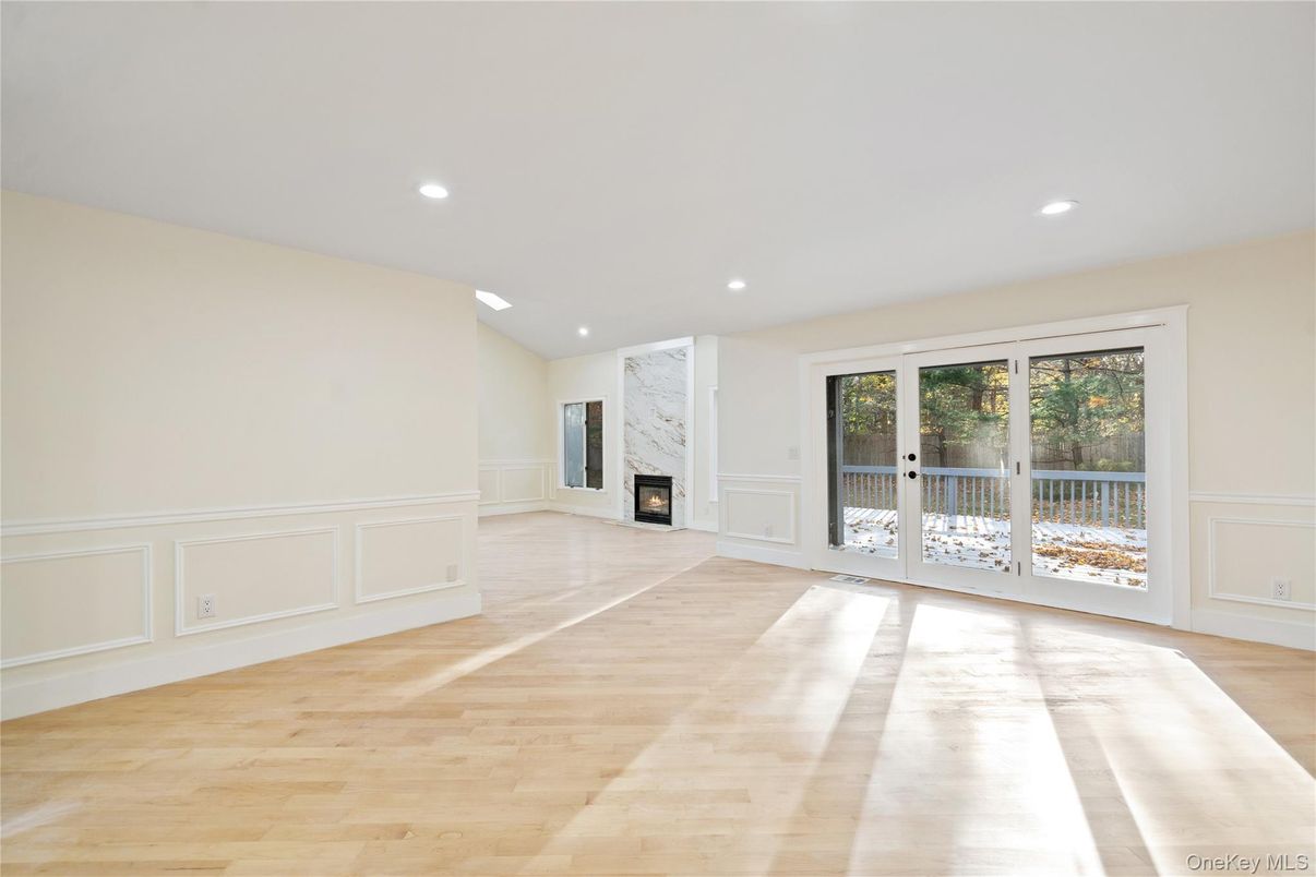 Empty room, Fireplace, Interior, Recessed Lighting, Wood Texture Flooring