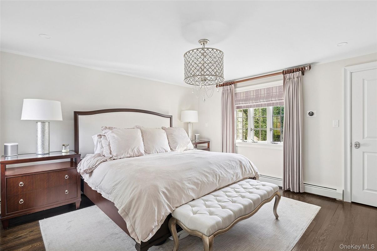 Bedroom, Chandelier, Interior, Wood Texture Flooring