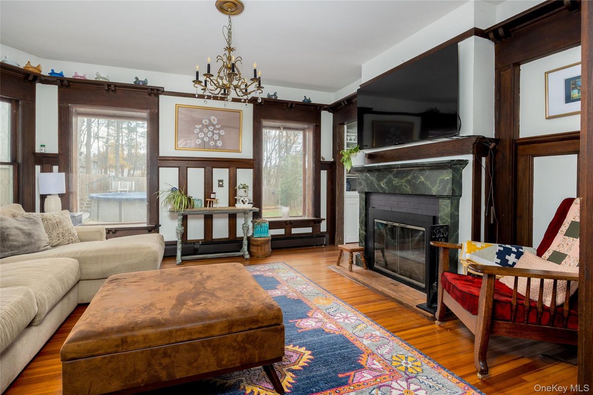 Chandelier, Fireplace, Interior, Living room, Wood Texture Flooring
